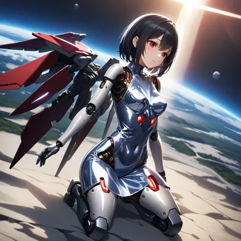 1girl、Black hair, red eyes,Leotards, earth, clear vinyl dresses, wariza、mechanical wings,android, joints, robot joints、deep faint light 、 detailed CG、high resolution