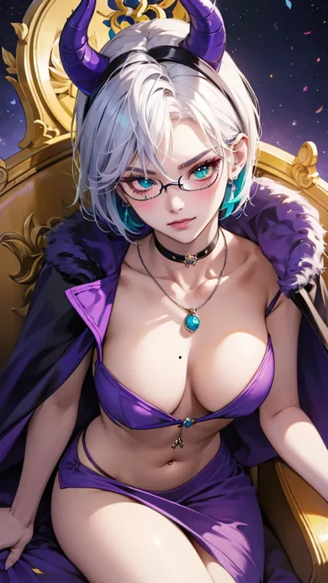 8k, masterpiece, best quality, highly detailed, 1 girl, tiefling, warlock, multicolored hair, very short straight hair green highlight hair on white hair, strippled hair, wearing glasses, round glasses, earrings, red eyeshadow, long eyelashes,navel piercin...