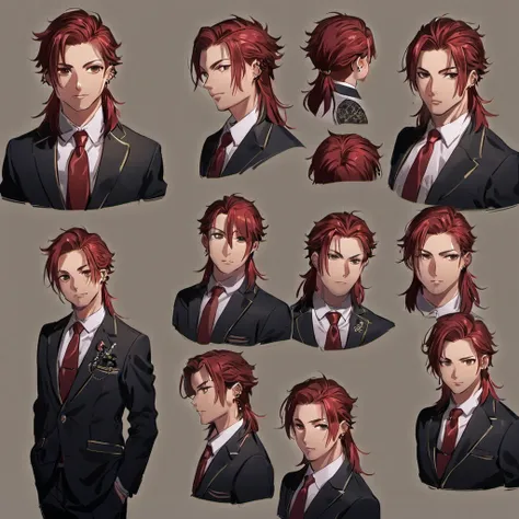 character design sheet young man, red hair in mullet, dress shirt and red tie, ear piercings, dark brown eyes.