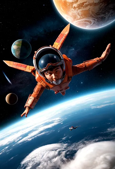 A man flies through the sky，Surrounded by a planet，A variety of goods surround it. illustration。