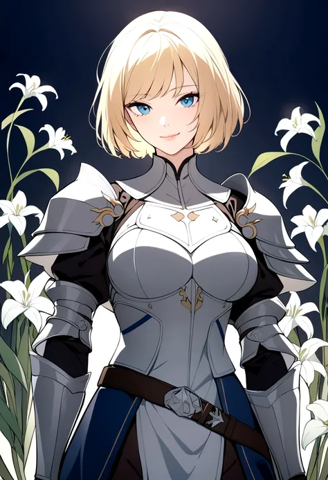 slender, mature female, solo, blonde_hair, closed_mouth, holding, 1girl, blue_eyes, armor, shoulder_armor, gauntlets, gloves, knight, cape, belt, pauldrons, armored_dress, bangs, lips, short_hair, long_sleeves, dress, white_lily, looking_at_viewer,smile, l...