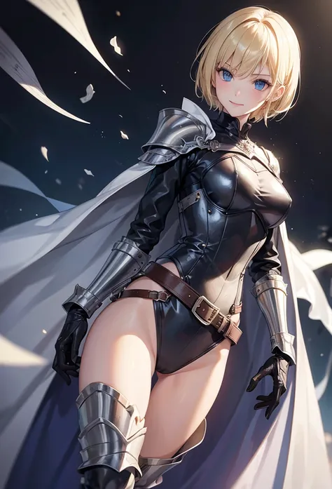 slender, mature female, solo, blonde_hair, closed_mouth, holding, 1girl, blue_eyes, armor, shoulder_armor, gauntlets, gloves, knight, cape, belt, pauldrons, armored_dress, bangs, lips, short_hair, long_sleeves, dress, white_lily, looking_at_viewer,smile, l...