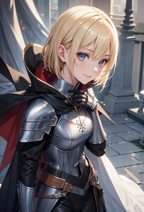 slender, mature female, solo, blonde_hair, closed_mouth, holding, 1girl, blue_eyes, armor, shoulder_armor, gauntlets, gloves, knight, cape, belt, pauldrons, armored_dress, bangs, lips, short_hair, long_sleeves, dress, white_lily, looking_at_viewer,smile, l...