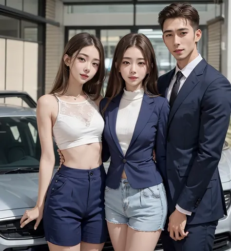 Two people, a man and a woman, couple, beautiful woman, Wear a top, shorts, handsome man, suit, car,