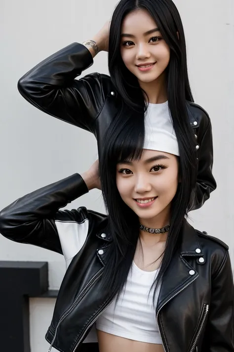 Juju. Girl with long black and Chinese hair, white, with a piercing in the eyebrow, with dark brown eyes, intimidating, with a flirtatious smile and a black leather jacket with a white top.