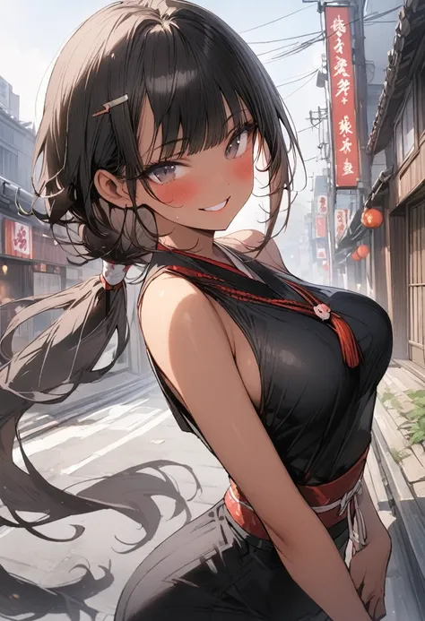 ((masterpiece,Highest quality:1.3,best quality illustration)), 独奏,1woman,(Mature Japan beauties)、black hair,(low ponytail hair style),long hair,blunt bangs,black eyes,gorgeous eyes,((very small head:1.3)),blush,A strong smile,((very long body:1.2)),medium ...