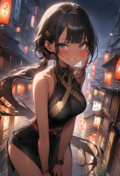 ((masterpiece,Highest quality:1.3,best quality illustration)), 独奏,1woman,(Mature Japan beauties)、black hair,(low ponytail hair style),long hair,blunt bangs,black eyes,gorgeous eyes,((very small head:1.3)),blush,A strong smile,((very long body:1.2)),medium ...