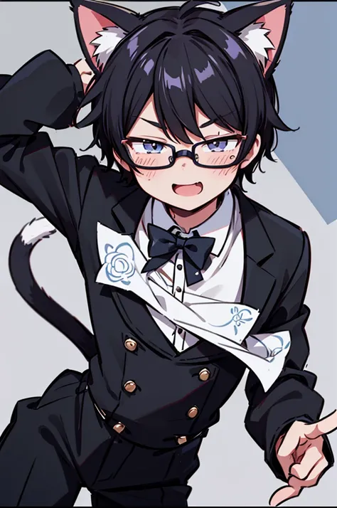 1 boy, male, smug face, cat ears, cat tail, Ren Amamiya, glasses, confident, dynamic pose, (masterpiece), best quality, expressive eyes, perfect face, smile, open mouth, Full Color, Detail, 8K, 4K, High Resolution, Symmetrical, Extraordinary, Best Aestheti...