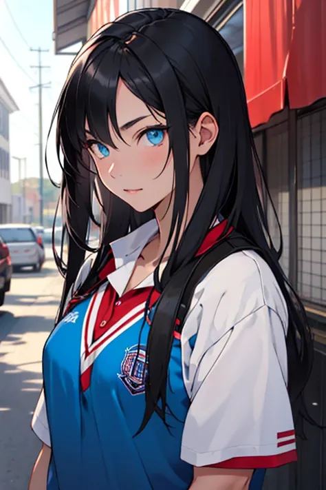 Create an image of a high school girl with long black hair with blue eyes 