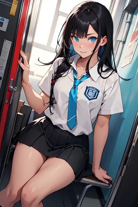 Create an image of a high school girl with long black hair with blue eyes 