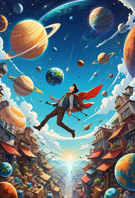 A man flies through the sky，Surrounded by a planet，A variety of goods surround it. illustration。