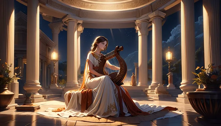 a young priestess, sitting, playing a large lyre, ancient Greek temple, late at night, inside the temple it is  (dark:1.3) and there is  (no lighting:1.2), the moonlight shines in at an angle, shining a faint light on her., highly detailed, photorealistic,...