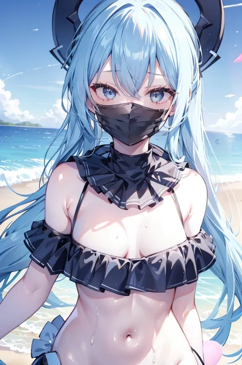 upper body, 1girl, wallpaper, light particles, beach, background, look at viewer, light blue hair, long hair, ponytail, white eyes, serikaswim, (black mask), happy face