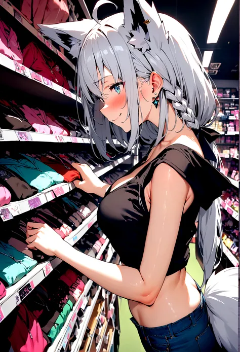 NSFW,masterpiece,Highest quality,High resolution,Super detailed,Shirakami Fubuki(Hololive),Gray Hair、One-sided braid、Ahoge、Earrings,Fox ears,Fox tail,Jacket,Crop top shirt,Low-rise denim shorts,Embarrassed,blush,Expecting face,Bewitching Smile,Sexy smile,(...