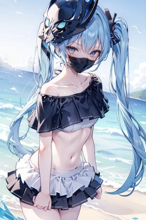 upper body, 1girl, wallpaper, light particles, beach, background, look at viewer, light blue hair, long hair, twintails, white e...