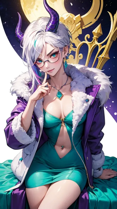 8k, masterpiece, best quality, highly detailed, 1 girl, tiefling, warlock, multicolored hair, very short straight hair green highlight hair on white hair, strippled hair, wearing glasses, round glasses, earrings, red eyeshadow, long eyelashes,navel piercin...