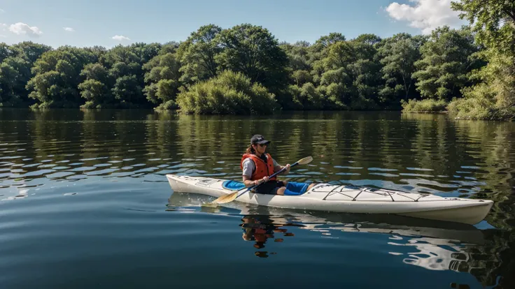 A kayaker on a calm lake, wearing a life jacket and paddling peacefully. The lake is surrounded by trees, and the water reflects the clear blue sky. The kayaker looks relaxed, enjoying the serene environment.