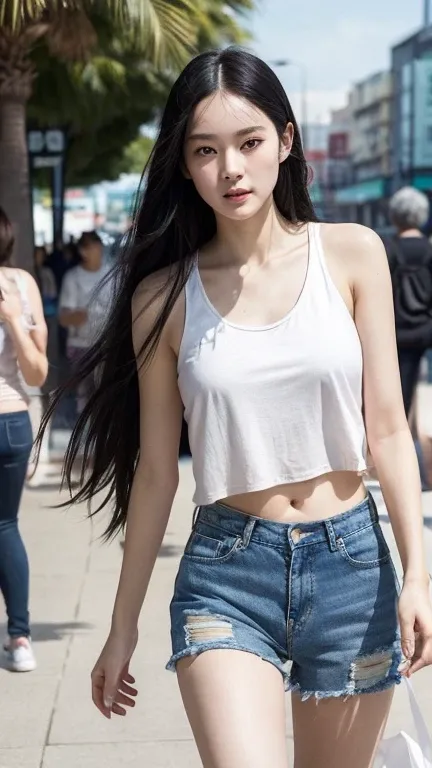 （（Surreal、Super detailed image, maybe a photo.，Captures the details of the skin texture of an incredibly beautiful woman.））long straight black hair。Walking along the promenade, Palms, background crowd, he wears sneakers, denim shorts and tank top.