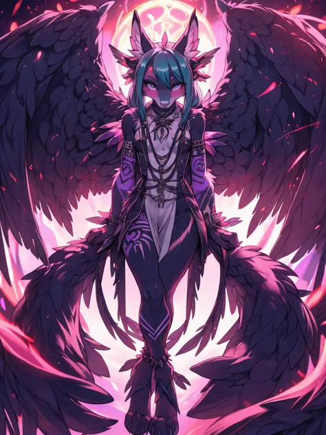 Miku Hatsune, add high definition_detail:1, blue fur,kitsune ears, tribal tattoo add_detail:1, in hell add_detail, barefoot, the same, giant black feather wings add_detail:1 ,alas hermosas la mejor calidad y detail en las flumas, purple saturation light