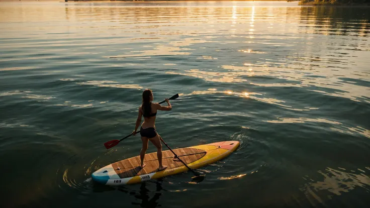 A person standing on a paddleboard on a calm lake, paddling gently with the sun setting in the background. The water reflects the warm colors of the sunset. The scene is tranquil, highlighting the relaxing and balancing aspects of stand-up paddleboarding.