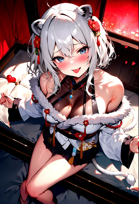 NSFW,masterpiece,Highest quality,High resolution,Super detailed,Shishirabotan(Hololive),Double Odango、flower、Side Lock、Lions tail、White kimono、Off the shoulder、fur ornament、Black Hakama、Short skirt,Bad smile,blush,Prostitute,(Red light district),Japanese-s...