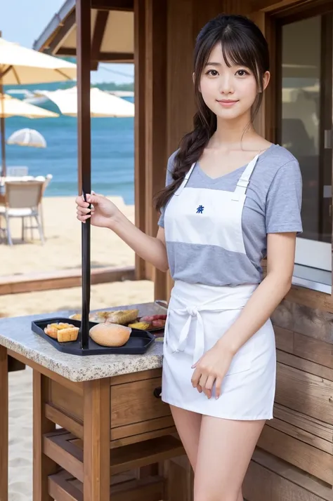 Pretty 22 year old woman（Japanese face）Wearing an apron and a super miniskirt、Being at the beach house