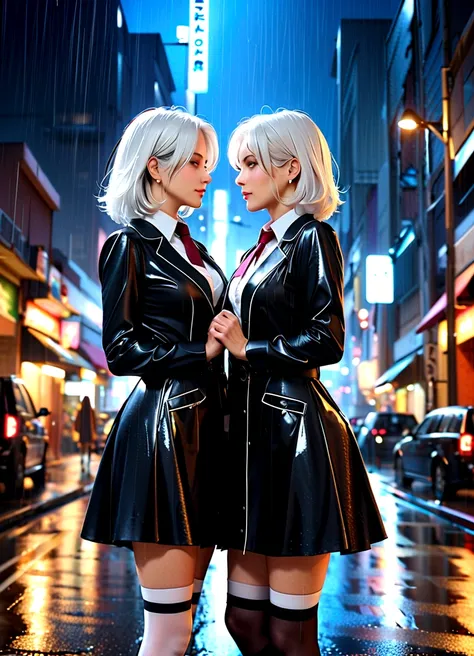 ,twins,White hair,Stockings,Mature female,rain,Night City