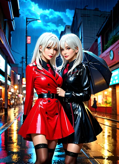 ,twins,White hair,Stockings,Mature female,rain,Night City