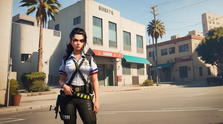 Arafed image of a girl in uniform standing in front of a building., sheriff woman, Estilo urbano GTA V, gta 6 style, en GTA V, GTA 5 Cinematic Screenshot