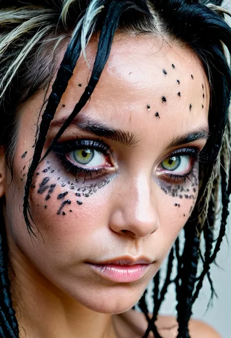 medium shot of a woman with well-detailed black dreadlocks, skin with fight marks, dilated oulila eyes, shiny gray, textured skin, old mascara,