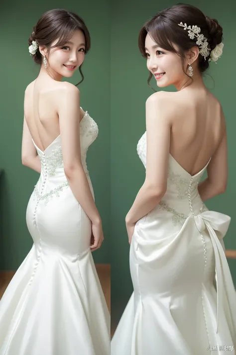 Back view、smile、A green wedding dress with a bit of back、Beautiful Skin、White background、One Korean woman、8K Camera