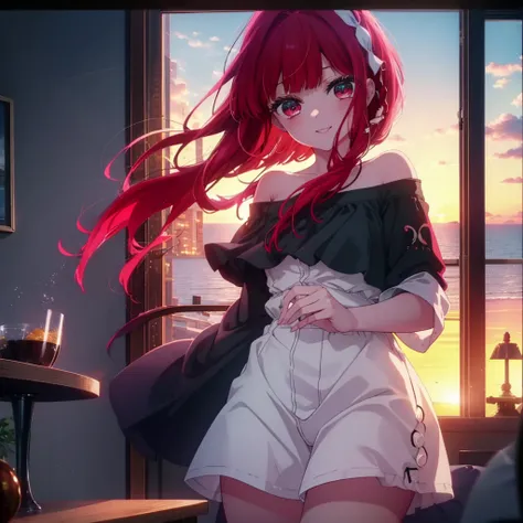 canary, Arima etc., long hair, bangs, (red eyes:1.3), redhead, happy smile, smile, open your mouth,off shoulder, oversized shirt, oversized clothes,black underwear,barefoot,morning,Room with sea view,the sun is rising,Sitting on the sofa with legs crossed,...