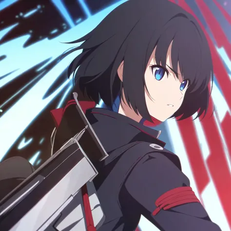 girl, anime, warrior, short hair with red and blue lines, pretty eyes, black hair, full leather, YOUNG, with a fringe in front 