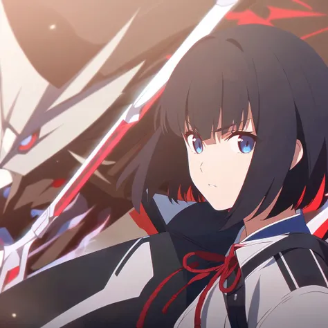 girl, anime, warrior, short hair with red and blue lines, pretty eyes, black hair, full leather, YOUNG, with a fringe in front 