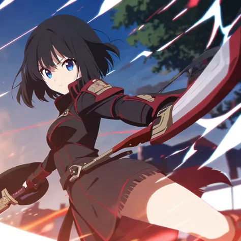 girl, anime, warrior, short hair with red and blue lines, pretty eyes, black hair, full leather, YOUNG, with a fringe in front 