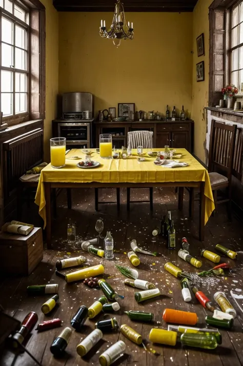 A young man lying in a shabby room，The yellowed dining table in the room is covered with vegetable juice，Dozens of empty wine bottles were scattered on the ground.