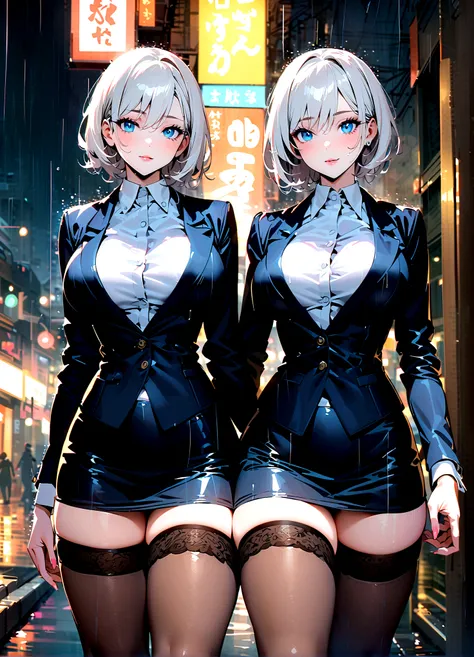 ,twins,White hair,Stockings,Mature female,rain,Night City