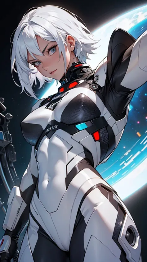 Beautiful 18yr old cybernetic girl detailed muscles realistic masterpieces full figure pose (best quality,ultra-detailed), unique white hair, fair skin, fit body, slim figure, narrow waist, (cocky expression), black carbon fiber cybernetic spacesuit, dynam...