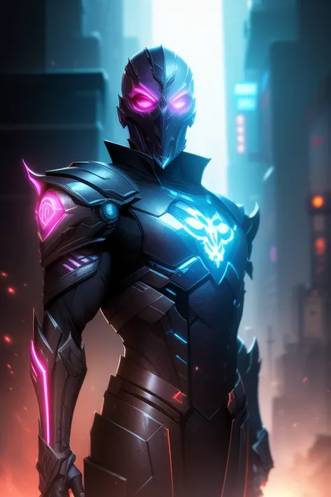 a male assassin in cyberpunk light armor, anti-hero overlord wearing a skull mask, detailed facial features, highly detailed, cinematic lighting, dramatic pose, gritty urban environment, neon lights, moody color palette, hyper realistic, 8k, photorealistic