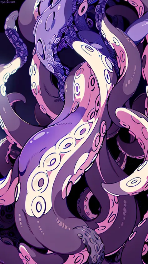 ((Best Quality)), ((Very detailed)), absurdities, octopus Tentacles are purple and blue with black dots on them, vector art by Tom Wänerstrand, shutter, Art Nouveau, twisted Tentacles, Tentacles alrededor, ornate Tentacles growing around, many Tentacles, o...