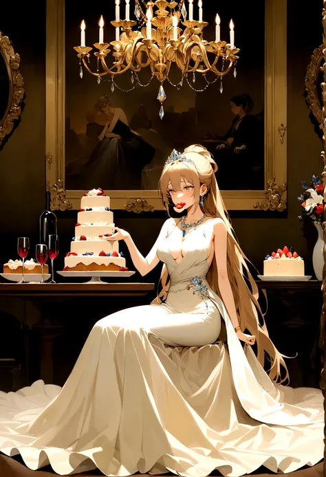 A woman sits at a grand long table with an elegant tablecloth, adorned with porcelain plates and silver cutlery. On the table are various types of beautifully decorated cakes, as well as crystal glasses filled with wine or champagne.The woman is wearing a ...