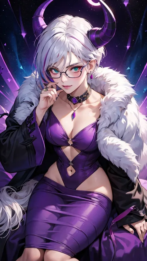 8k, masterpiece, best quality, highly detailed, 1 girl, tiefling, warlock, multicolored hair, very short straight hair green highlight hair on white hair, strippled hair, wearing glasses, round glasses, earrings, red eyeshadow, long eyelashes,navel piercin...