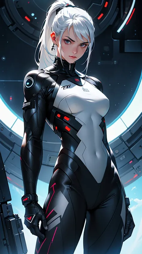 Beautiful 18yr old cybernetic girl detailed muscles realistic masterpieces full figure pose (best quality,ultra-detailed), white hair, ponytail, fair skin, fit body, slim figure, narrow waist, (cocky expression), black carbon fiber cybernetic spacesuit, dy...