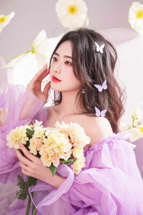 there is a woman in a purple dress holding a bouquet of flowers, with flowers, sakimichan, taken with canon eos 5 d mark iv, 中 元 节, photo taken with nikon d 7 5 0, photo taken with nikon d750, chiho, pastel, dilraba dilmurat, captured on canon eos r 6