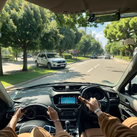 A dog driving a car on an avenue, the car is seen from the front with the dog driving 