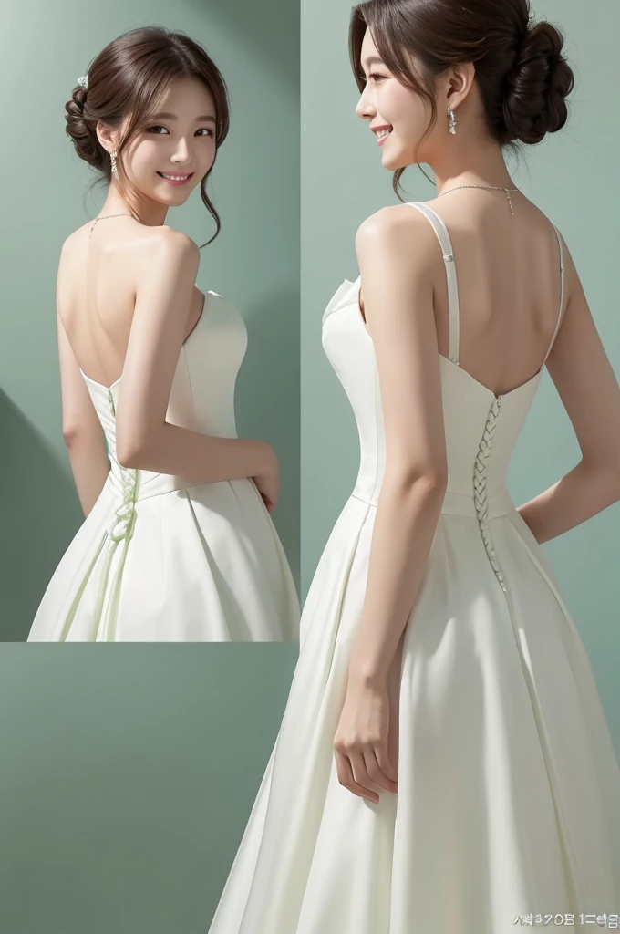 Back view、smile、A green wedding dress with a bit of back、Beautiful Skin、White background、One Korean woman、8K Camera