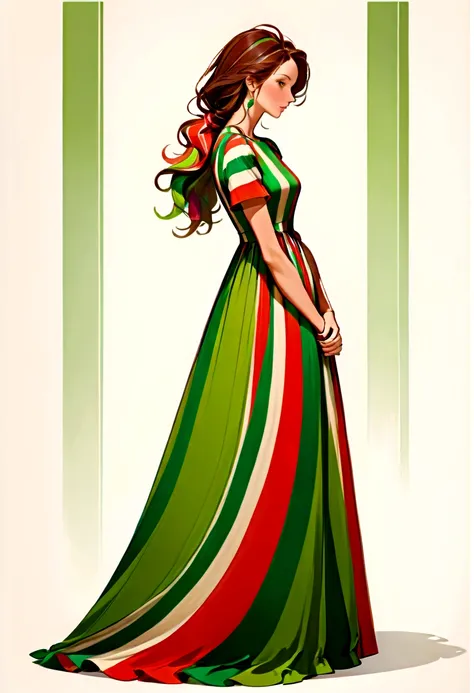 a woman in a striped dress poses for a picture, full body green dress, female figure in maxi dress, side view, multi - coloured, long dress, full length view, striped, long dress female, full body profile, high resolution details, wearing a long dress, ful...