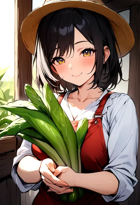 (masterpiece),(((Highest quality))),(Wife),(Farmer),Holding fresh vegetables in both hands,smile