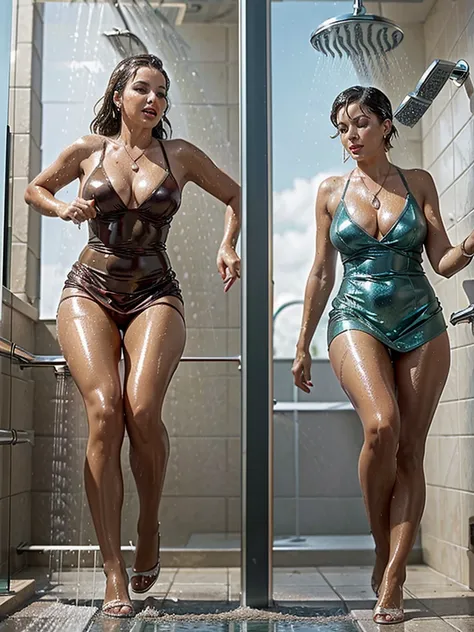 (Two Women)), ((50s Era Italian women)),(( in an outdoor shower )), (water showering down from above onto women), (running shower water: 1.8), ((Masterpiece, Realistic, Photo quality)), Very wet Beautiful, sexy elegant 55 year old sophisticated office wome...