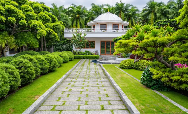 Moderntropicalgardern,aiaigroup, aerial view, outdoors, garden, tree, east asian architecture, rock, stone, flower, daylight,  house,Beautifully designed garden mandarin branches